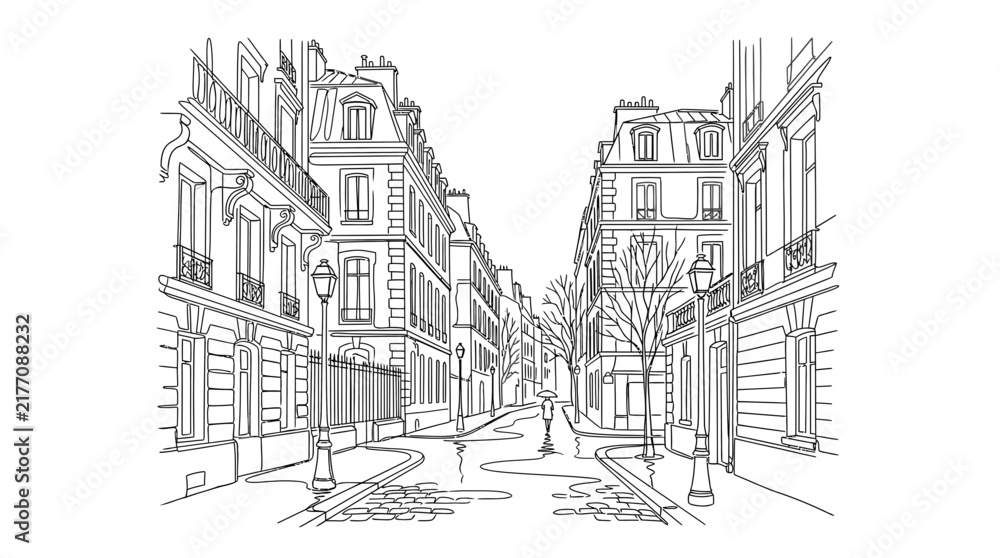 Obraz premium European Street Scene Line Art Illustration