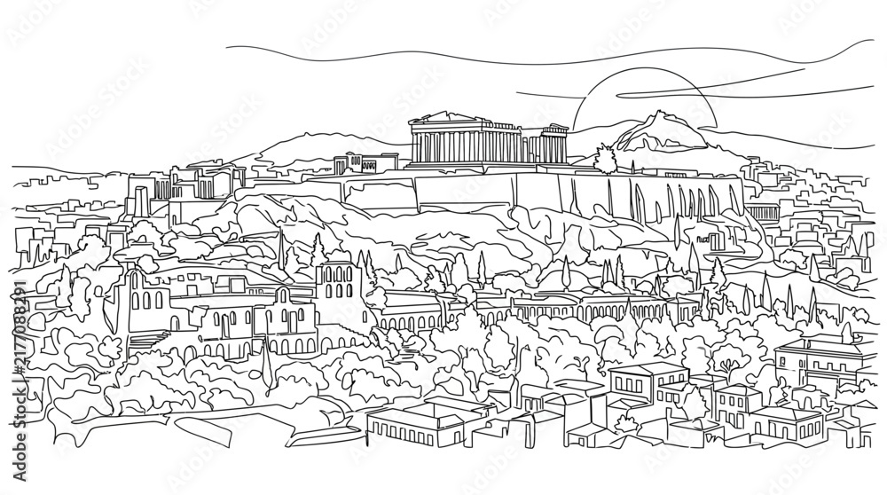 Fototapeta premium Continuous Line Drawing of an Ancient Hilltop Temple