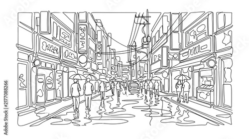 Continuous Line Drawing of People Walking in a Rainy City Street