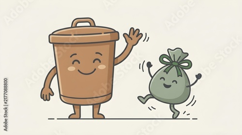 Cute Trash Can and Garbage Bag Characters Waving Happily Cartoon