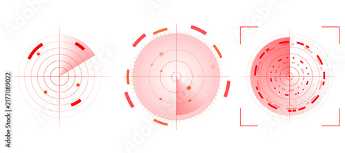 Obraz na plátne Military style red radar monitor with circular search area, glowing targets and electronic tracking indicators