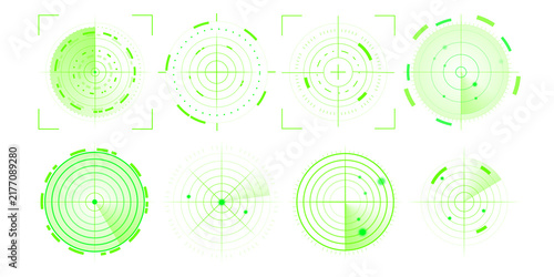 Фотография Green futuristic radar interface with luminous circular scan zones, tracking signals and electronic navigation details