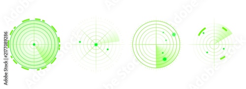 Фотография Digital green radar system with circular coordinate grid, bright tracking markers and scanning indicators