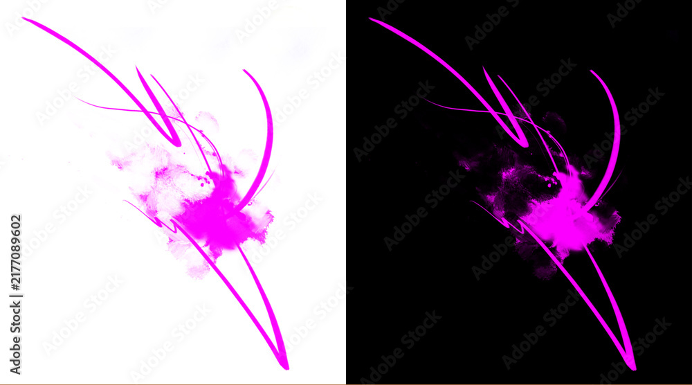 Obraz premium Abstract purple energy splash with dynamic light trails, vibrant neon ink splatter on black and white backgrounds, glowing fluid motion graphics