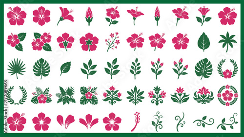 Floral Botanical Element Collection with Colorful Flower and Leaf Illustrations
