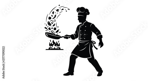Chef cooking with ingredients in a pan black silhouette on white background