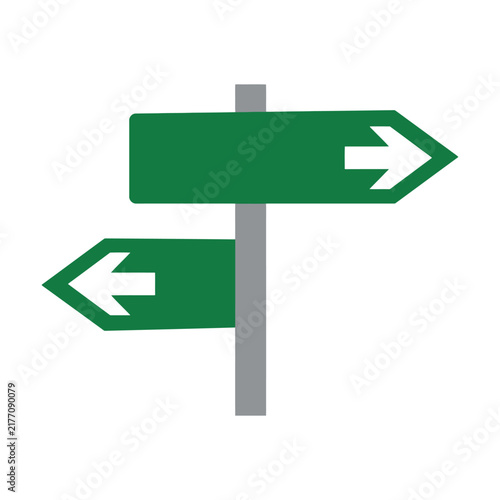 Green road sign with two white arrows pointing in opposite directions on a metal post Vector