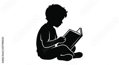 Silhouette of a child reading a book against a white background