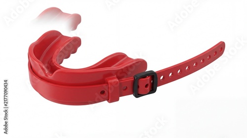 Red athletic mouthguard with black strap for dental protection in contact sports isolated on white background