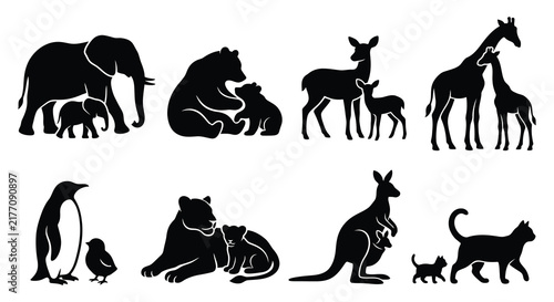 Animal family silhouettes depict elephants deer giraffes and other wildlife