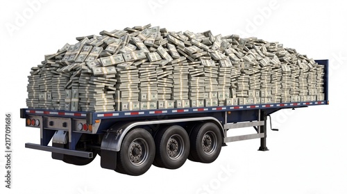 Large metal flatbed trailer carrying massive piles of stacked paper money dollars on white background