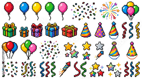 Colorful Pixel Art Party Decorations Collection.
