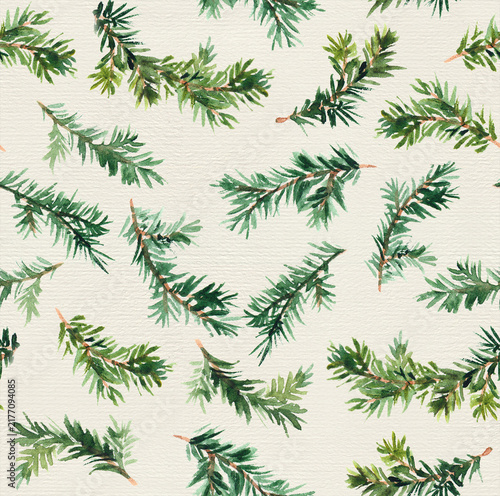 Seamless watercolor pine branch pattern with green needles and subtle orange accents, textured paper look on light background, for wrapping paper and fabric. 