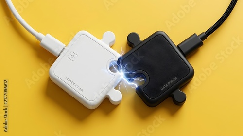 Puzzle Piece USB Connectors with Electric Spark on Yellow Background Representing Data Synchronization, Power Integration, and Technology Synergy
