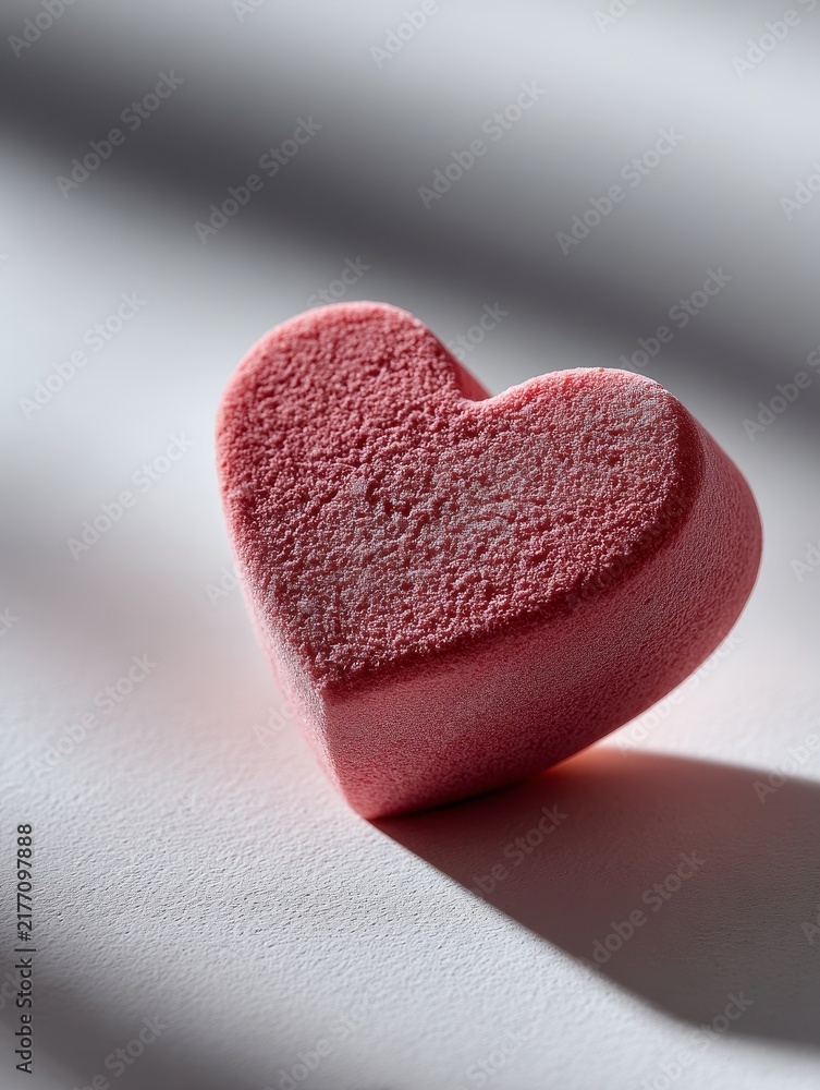 Fototapeta premium Single red heart-shaped marshmallow on smooth off-white surface, minimalist design, soft shadow, precise geometry, delicate texture, natural lighting, artisanal dessert concept.