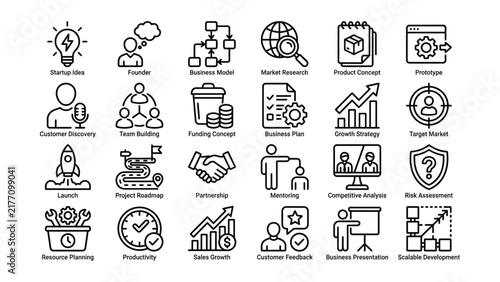 Set of business development icons depicting startup growth and professional management
