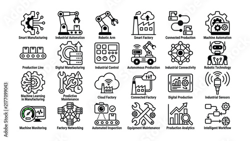 Set of black outline icons representing industrial automation and smart factory technology concepts
