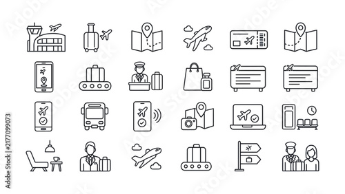 Set of flat line icons representing air travel airport services and tourism