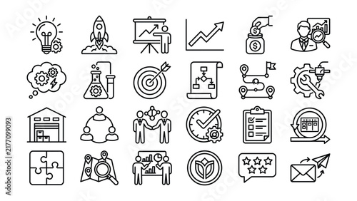 Set of thin line business icons representing growth strategy and management