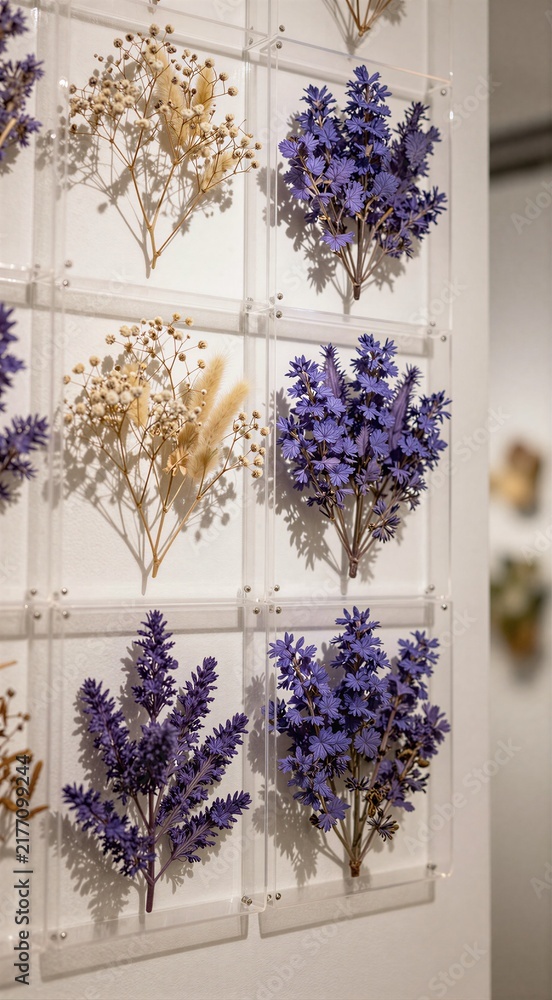 Obraz premium Mounted pressed lavender and dried seedheads in acrylic grid display