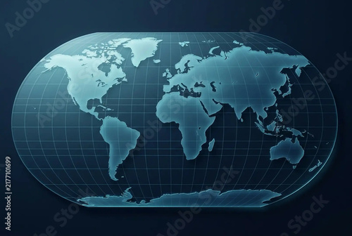 A stylized blue digital world map with glowing continents and a grid overlay.