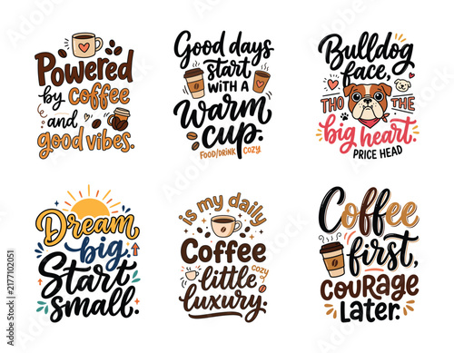 Collection of six coffee themed typography stickers with motivational quotes and cute illustrations for coffee lovers
