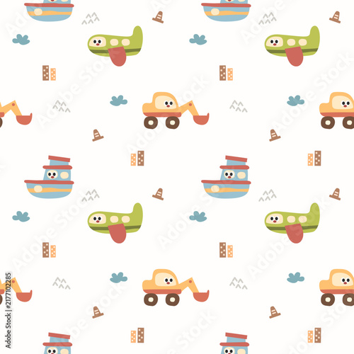 Vehicle look hand drawn cartoon so cute. On airplane ship backhoe traffic cone building cloud background. Pattern seamless vector illustration. 