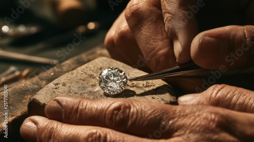 Jeweler examining a diamond on a workbench in a workshop during daylight hours