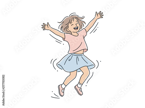 Принти на полотні A cheerful young girl with short brown hair, wearing a pink shirt and blue skirt, joyfully jumps with her arms outstretched and a big smile on her face
