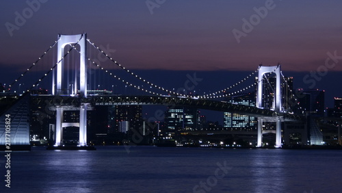 Photography Night view of the Rainbow Bridge in Minato Ward, Tokyo.