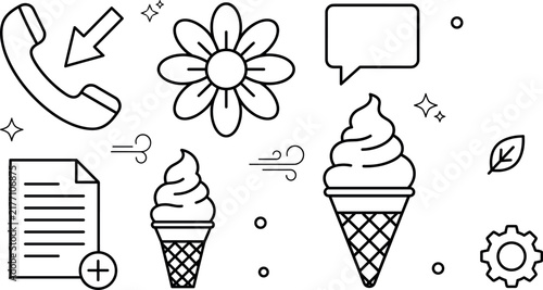 Фотография Miscellaneous mixed interface black line icon set with telephone ice cream flowe