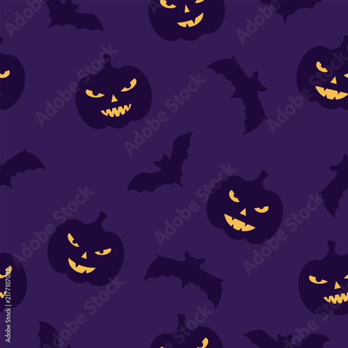 Dark Purple Halloween Seamless Pattern with Glowing Jack O Lantern Pumpkins and Flying Bats, Spooky Vector Background for Wrapping Paper, Fabric and Seasonal Design