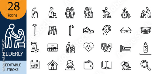 Картината върху платно Elderly care and senior support line icon set describing aging process and medic