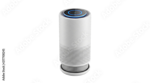 Modern Air Purifier: A sleek, white air purifier with a blue LED indicator light sits in a clean, sterile environment, signifying advanced air purification technology for a healthy home.