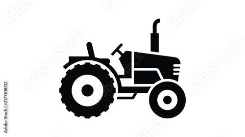 Minimalist black tractor silhouette design features bold geometric shapes representing heavy machinery used in modern industrial farming and agricultural operations