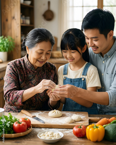 A fictional East Asian grandmother, her fictional adult son and a fictional teenage granddaughter sharing a traditional hand-shaping technique for simple dough pieces for multigenerational family
