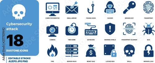 Cybersecurity attack blue icon set with data