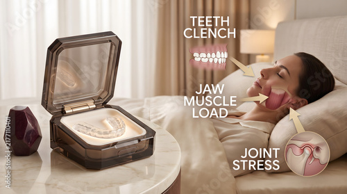 Teeth clenching and jaw muscle load concept with mouth guard in luxury case on table joint stress dental health night guard jaw pain oral care stress relief dentistry