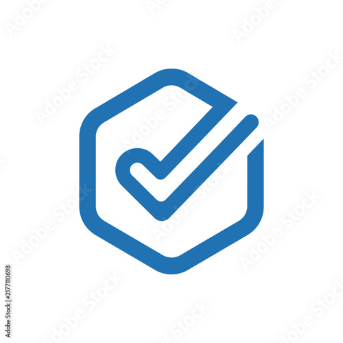 Modern blue hexagon check mark icon for business verification and success