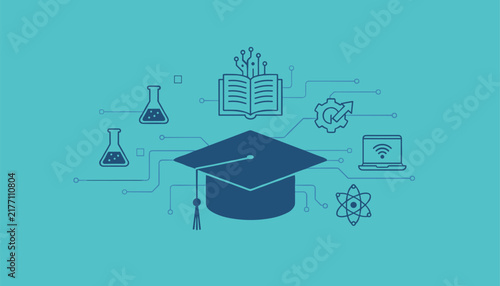 Academic digital icons including a graduation cap with chemistry flasks and circuitry book on a light blue background for learning concepts.