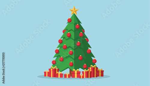 Christmas tree with red round baubles and a bright star top surrounded by pile of presents on a light blue studio background for holidays.