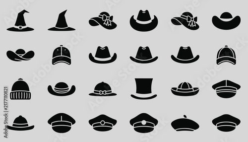 Wide variety of black hat icons featuring various styles like beanies and fedoras on a light grey studio background for fashion design use.