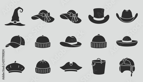 Collection of assorted black hat icons featuring winter caps and wide brimmed hats on a light grey background for graphic design projects.
