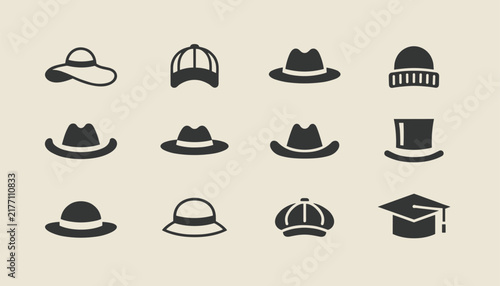 Set of twelve different hat icons including caps and wide brimmed headwear displayed on a neutral light beige colored studio background.