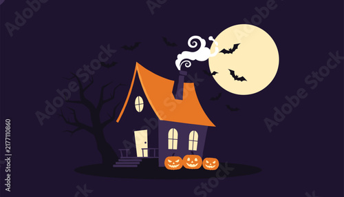 Dark haunted house silhouette with orange roof under a full moon and flying bats with smoke rising from a chimney and jack o lantern pumpkins.