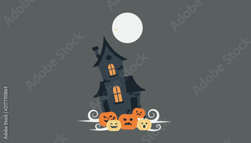 Spooky haunted house illustration featuring glowing windows under a full moon with cute smiling jack o lantern pumpkins on grey background.