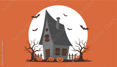 Creepy haunted house surrounded by bare trees and a wooden fence under a full moon with bats flying and carved pumpkin faces for Halloween.