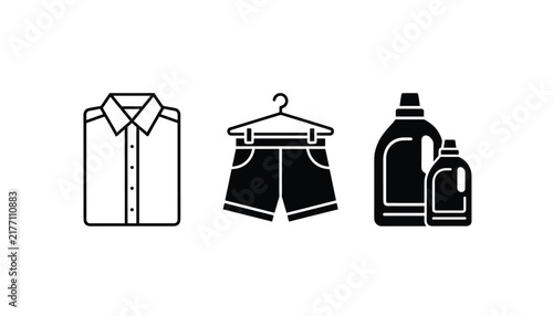 Minimalist laundry symbols displaying a dress shirt with shorts and two containers of detergent fluid on a plain white surface background.