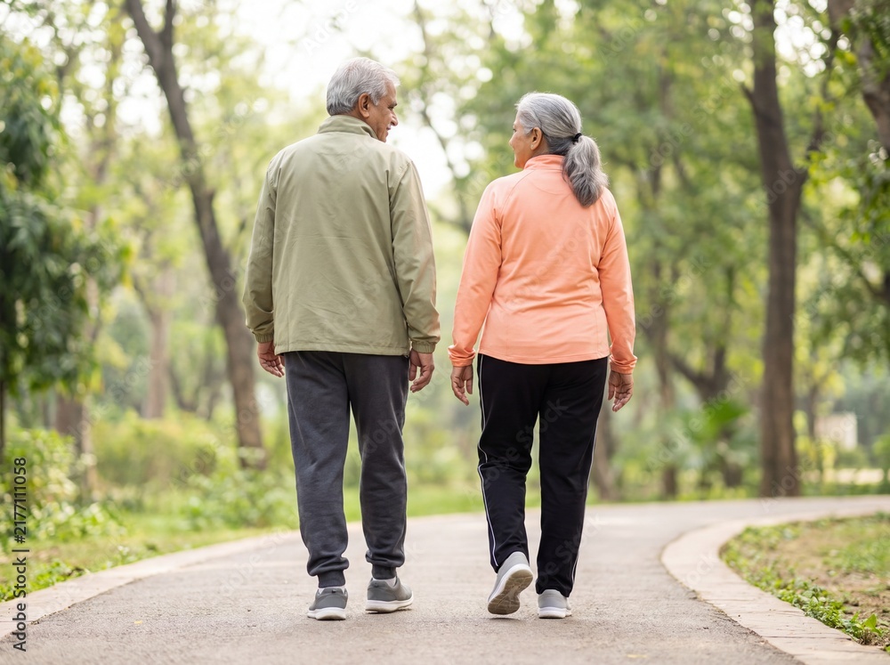 Fototapeta premium indian senior couple jogging side by side in park showing active retirement healthy lifestyle and outdoor exercise concept