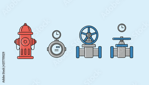 Industrial equipment set displays a red fire hydrant, water meter, and mechanical valves arranged horizontally against a light blue background.